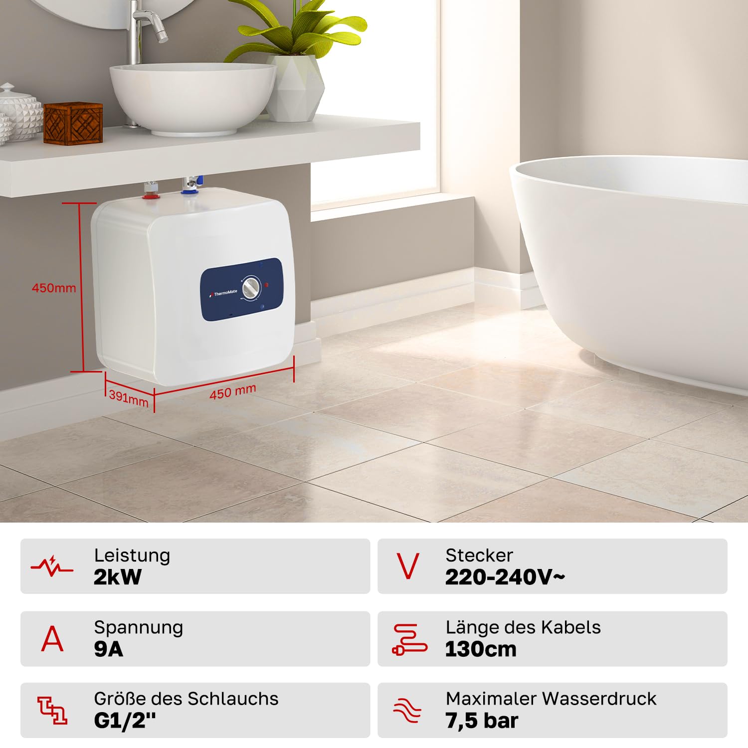 ThermoMate Scaldabagno Elettrico 30 Litri, 2000W, Sottolavello | Elettrico Boiler Compatto e poco ingombrante, Risparmio, Con spina a 230V, plug e giocare