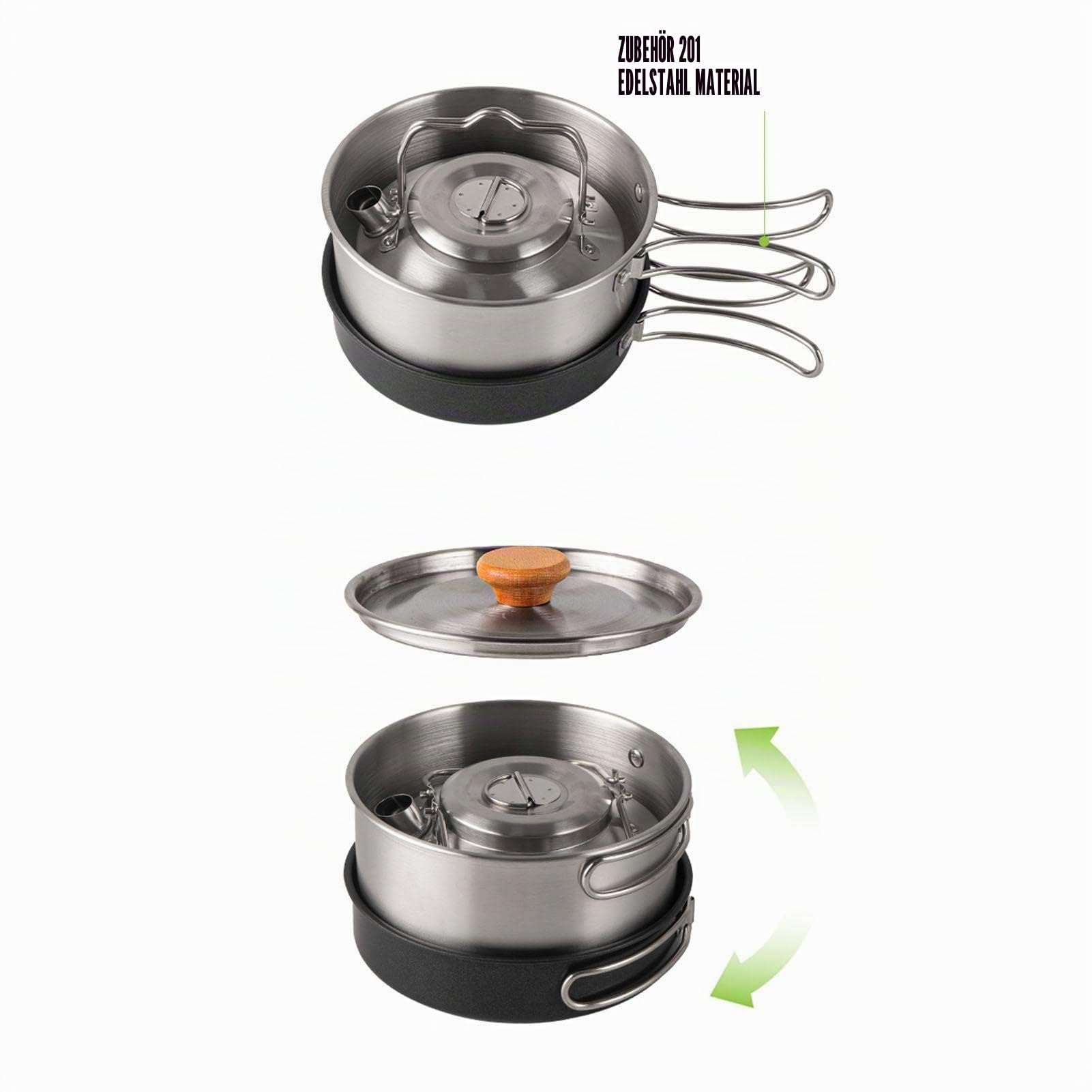 Outdoor Kochgeschirr Set, Camping Kochgeschirr Set aus Edelstahl, Faltbare Kochtopf Hängetopf Wasserkocher und Aufbewahrungstasche, Outdoor Kochset für Camping Picknick Wandern