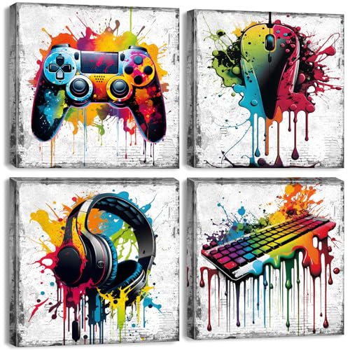 YOOOAHU Game Wall Decor Gaming Art Graffiti Gamepad Headphones Canvas Pictures Gamer Room for Boys Street Pop Bedroom Dorm Playroom Cave Teen Men Cool Video Painting Modern Artwork 12x12'' 4 Pcs