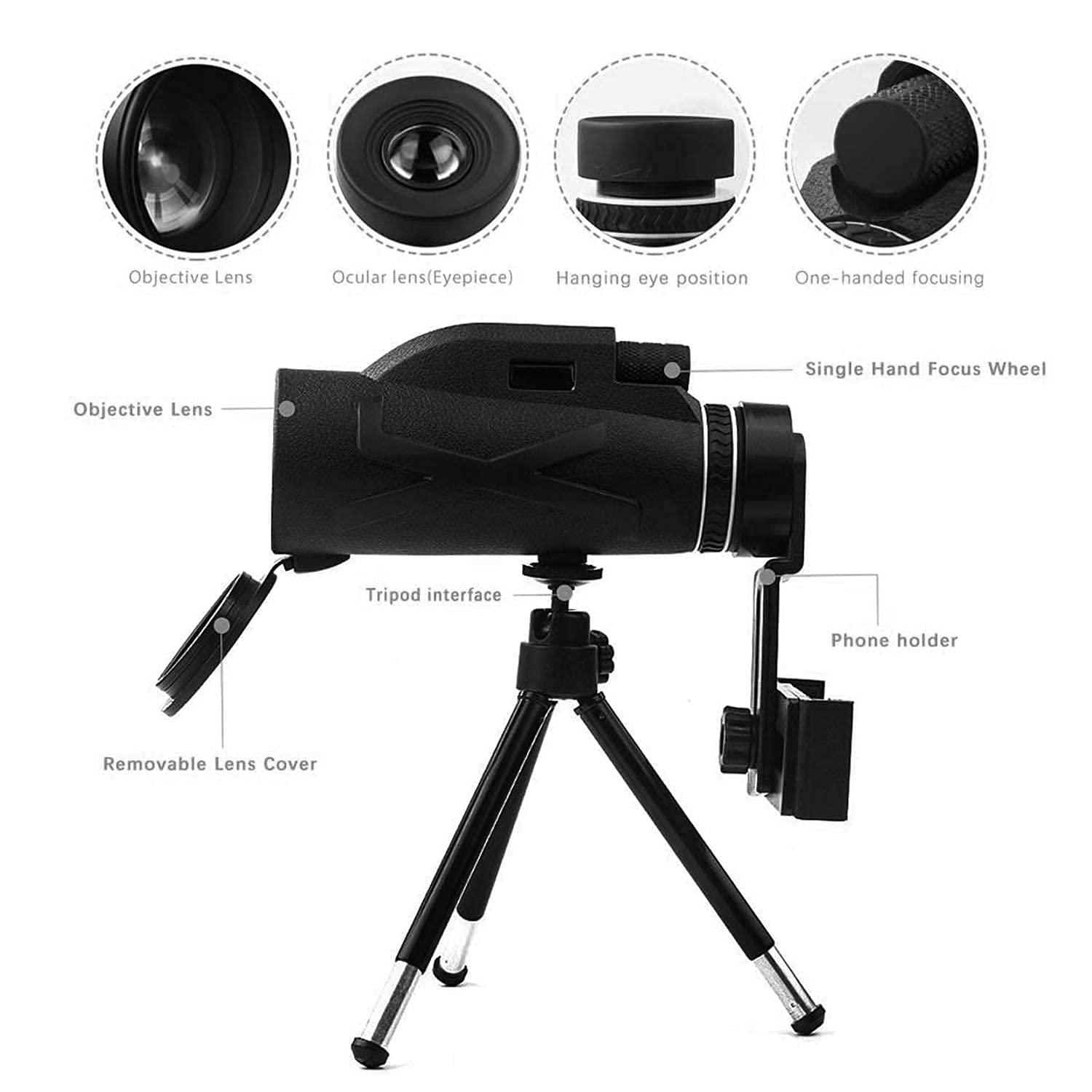 Télescope monoculaire HD 80 x 100, pour adulte, avec support pour