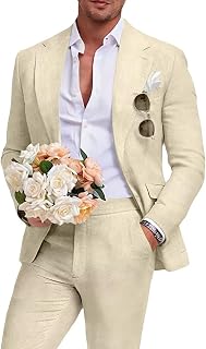 Beige Men's Linen Suit 2 Piece Slim Fit Summer Beach Wedding Dress Prom Party Suit Blazer Jacket and Pants