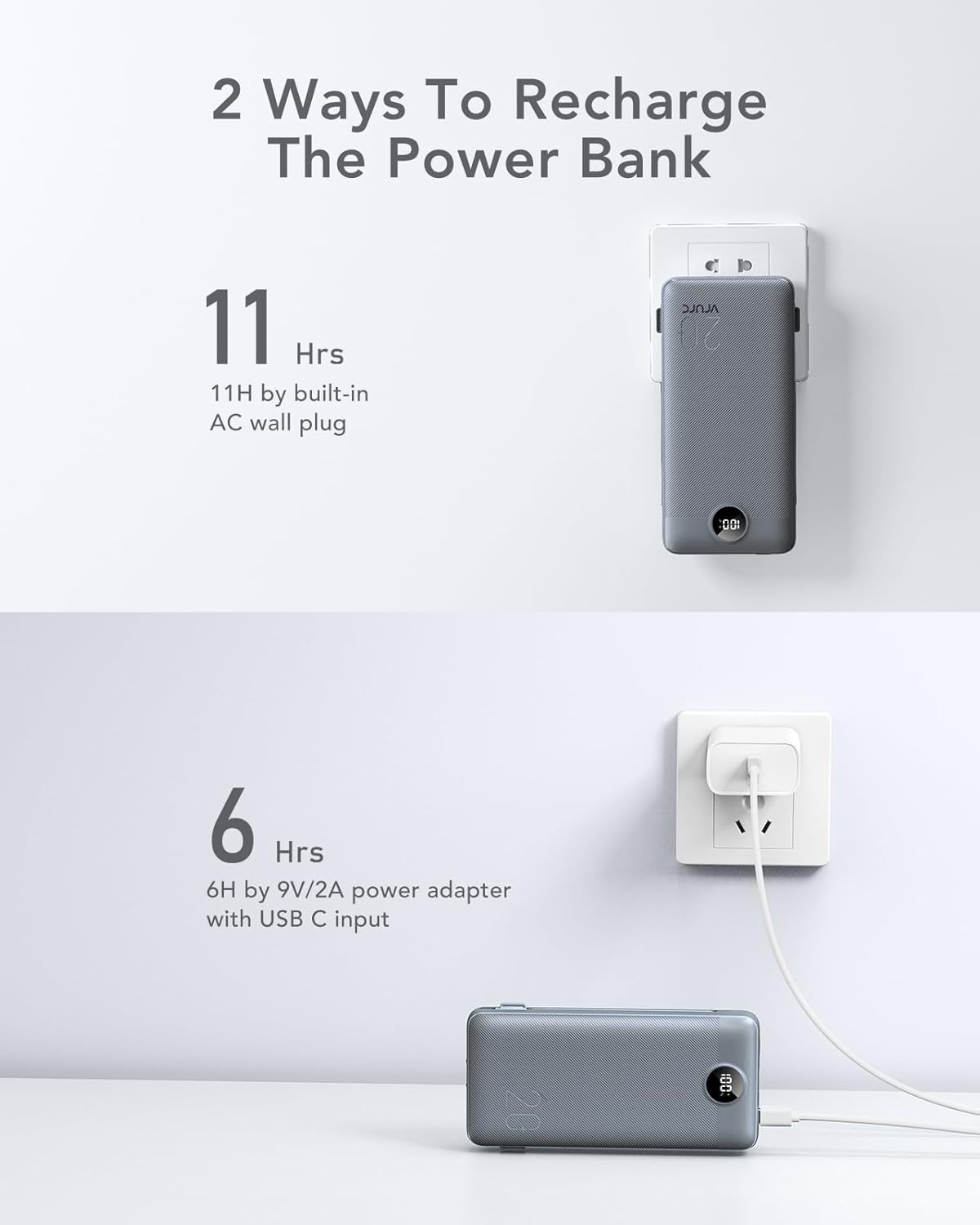 Portable Charger Power Bank 20000mAh,VRURC 22.5W Fast Charging Power Bank With Cables, 20K USB C Portable Charger With Wall Plug, Phone Battery With Cords For iPhone, Samsung, Android Phones, etc-Grey - Image 4