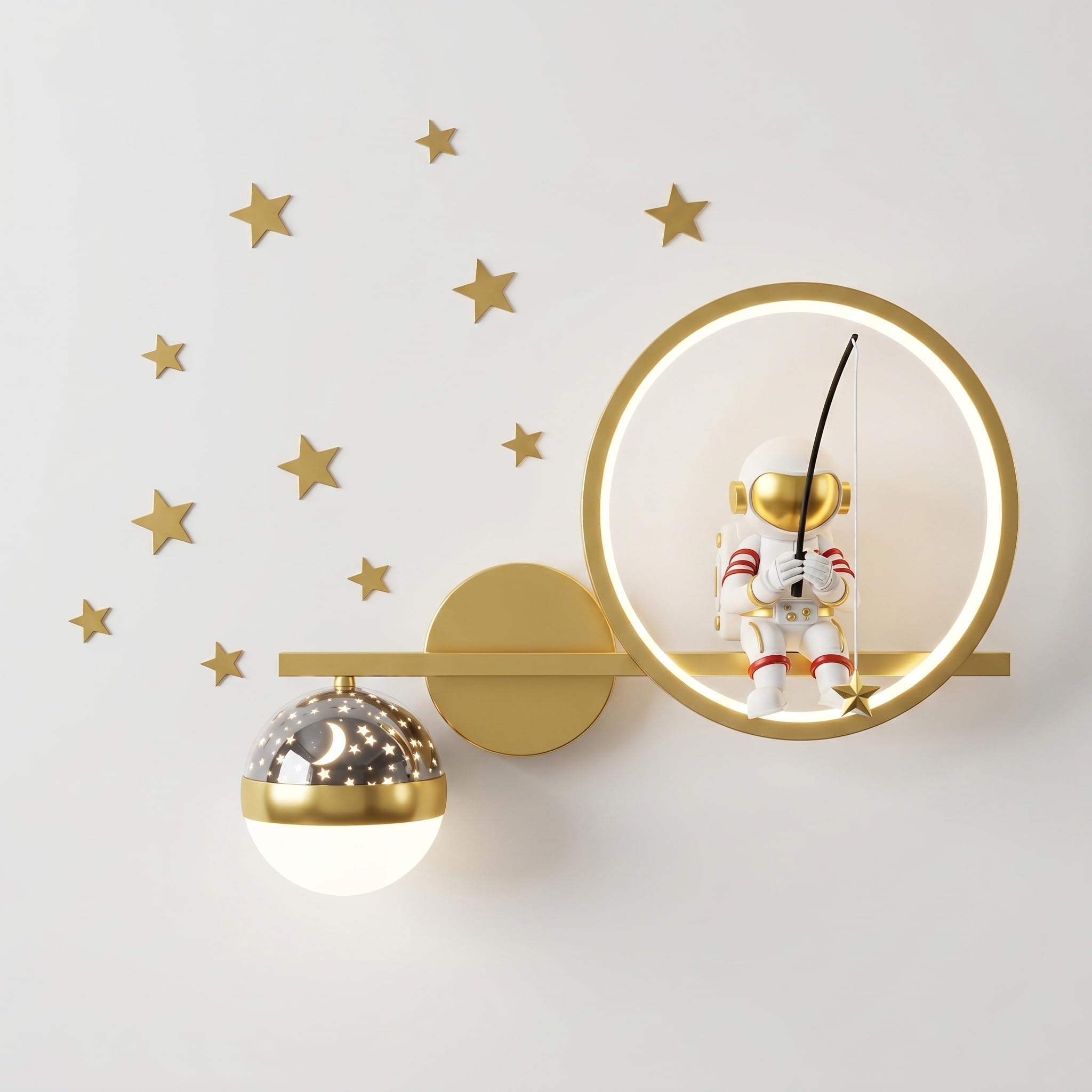 Nowoczesny astronauta ściemniane kinkiety ścienne LED księżyc gwiazda projekcja kula oświetlenie do pokoju dziecięcego sypialni lampa ścienna z połowy wieku lampka nocna dla chłopców dziewcząt