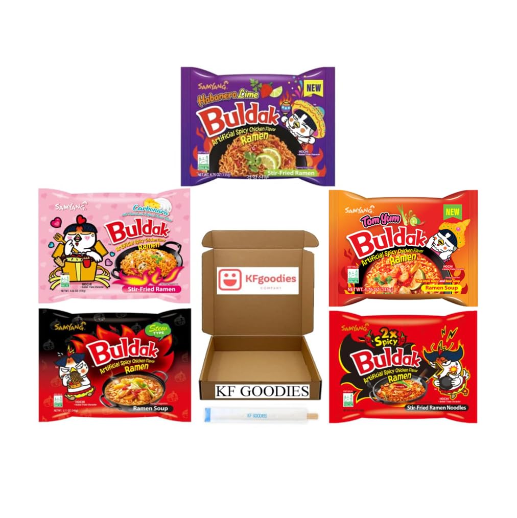 KF GOODIES Korean Ramen Variety Pack Gift Box (5 Count) – Spicy Buldak Noodle Assortment for Birthdays, College Care Packages, Office Snacks, and Gift Baskets