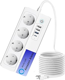 Smart WiFi Steckdosenleiste, Mehrfachsteckdose mit 3 USB und 1 TypeC Anschlüsse, Unterstützen Alexa, Google Home Sprachsteuerung und Smart Life App Fernbedienung 16A 3500W