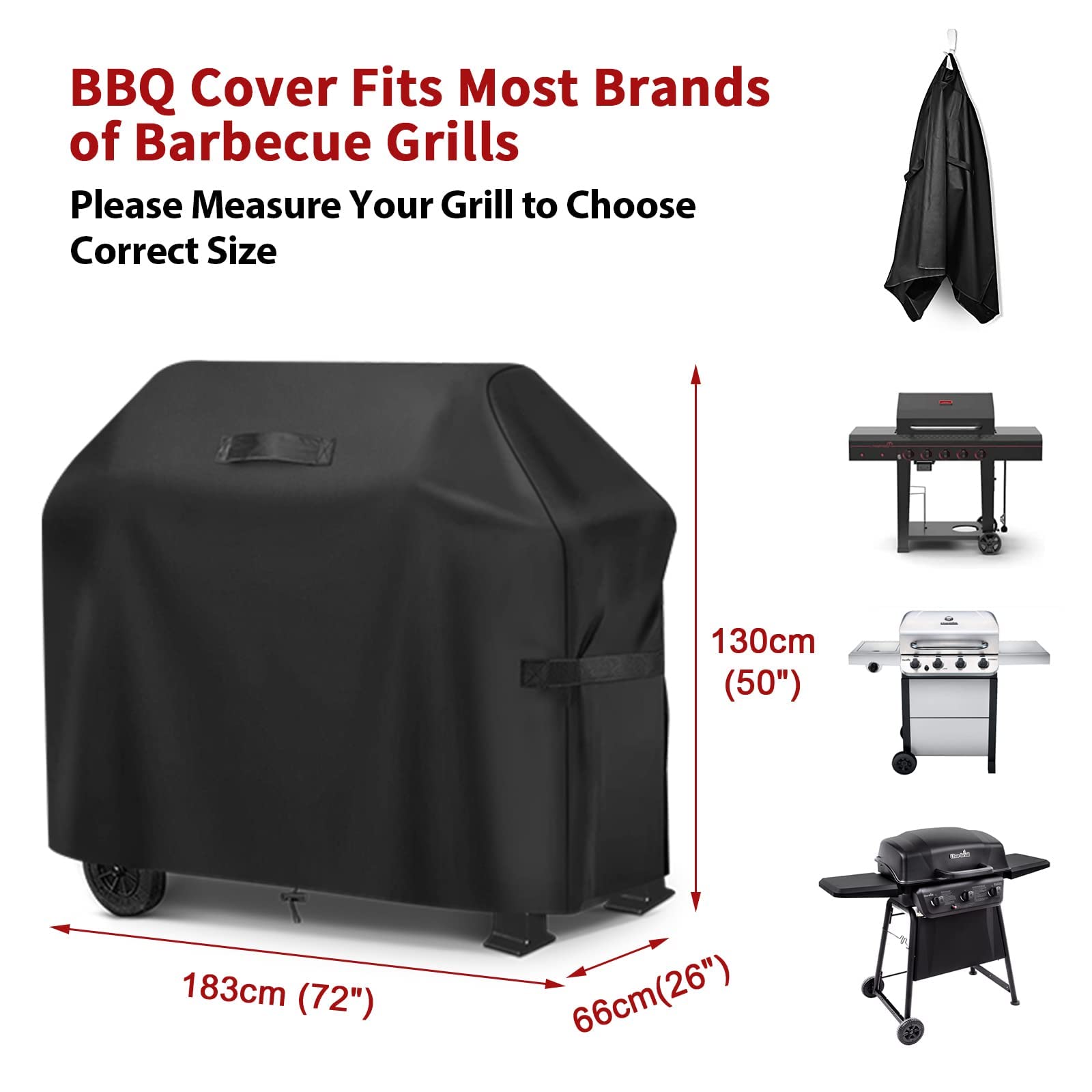 GARPROVM Housse Barbecue Gaz, Bâche Barbecue 183 x 66 x 130cm, Housse Protection Barbecue Exterieur 420D Tissu Oxford Étanche Protection Solaire, BBQ Couverture pour Weber, Char-Broil etc, Noir