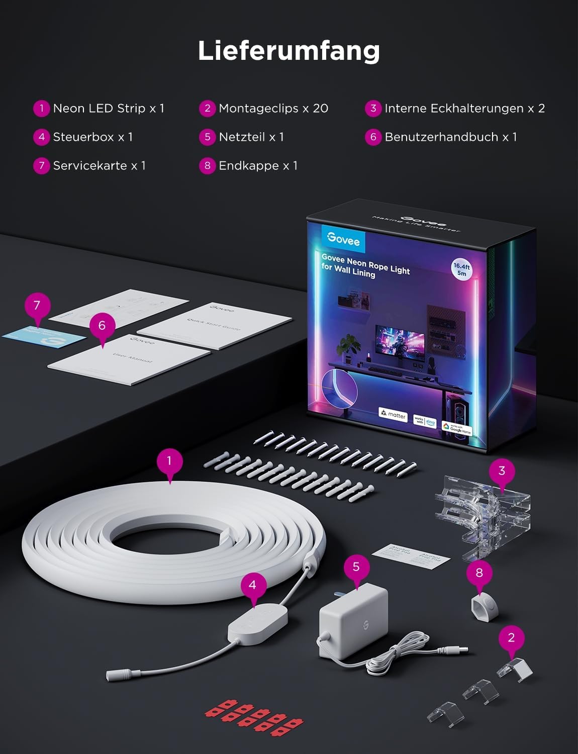 Govee Neon LED Strip für Sockelleiste, 3M RGBIC LED Streifen, Sanftes Licht | Streifen Matter-Kompatible für Wandlinien und Ecken, Musiksync, Zuschneidbar, Neon Licht Deko für Wohnzimmer, Korridor