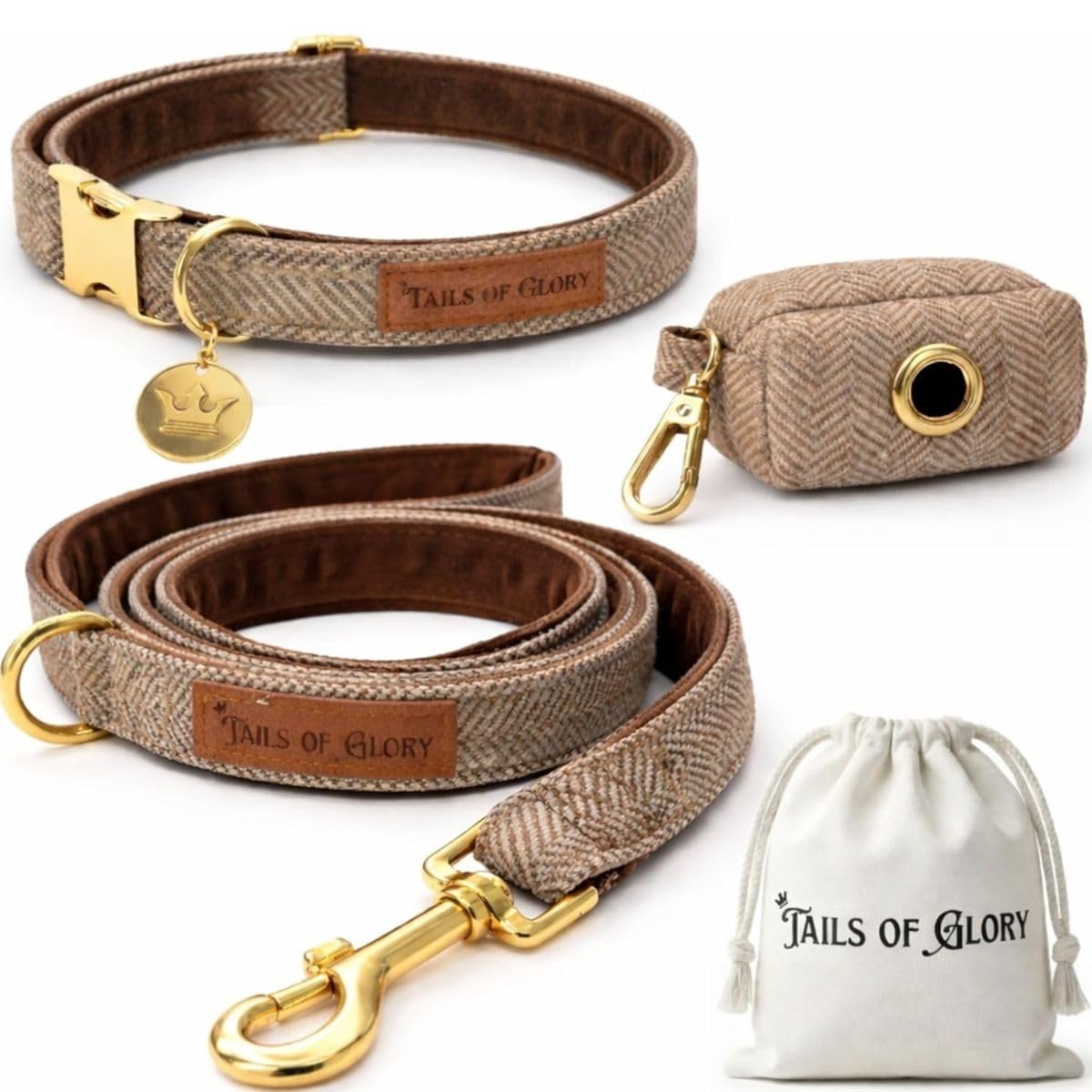 Halsband und Leine Set für Hunde aus Tweed und Samt, 3-teilig | Tails of Glory: verstellbares Hundehalsband, 150 cm Leine und Kotbeutelspender für stilvolle Spaziergänge.