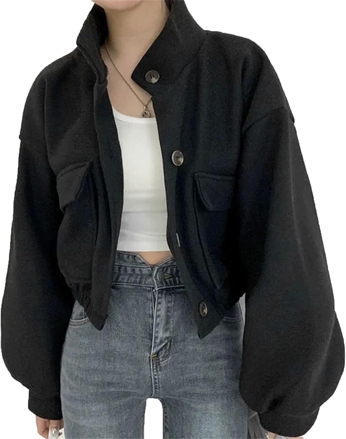 Women's Wool Blend Cropped Jacket Stand Collar Button up Wool Short Pea Coat