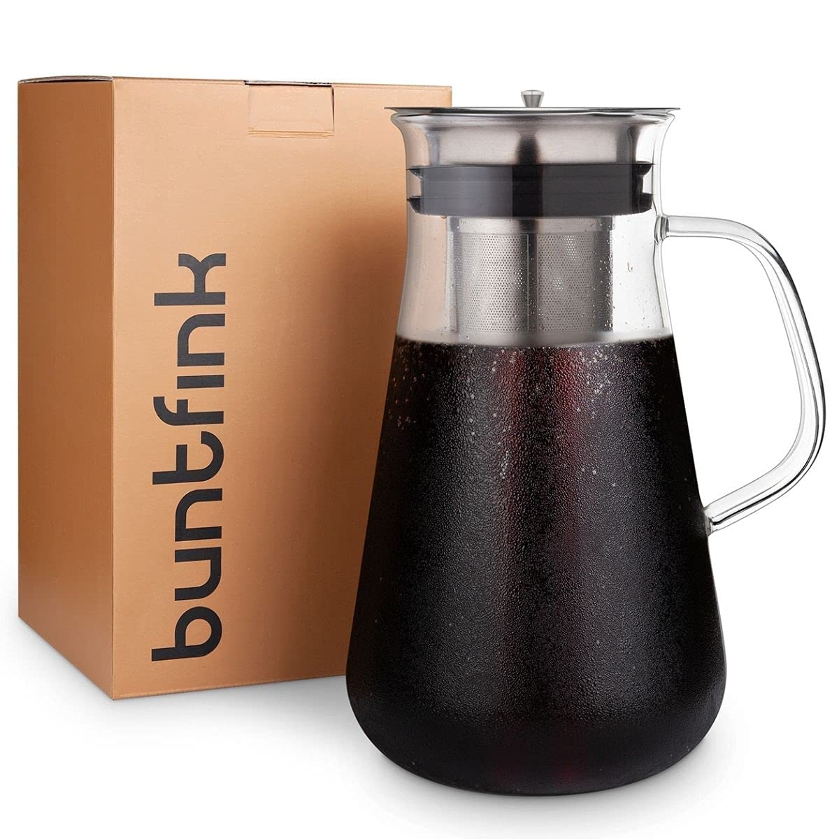buntfink MultiPitcher zaparzacz do kawy 3 w 1 do Cold Brew Coffee | szklana karafka 1,5 l | karafka na wodę z pokrywką ze stali nierdzewnej | zaparzacz do kawy na zimno i herbaty | bez plastiku