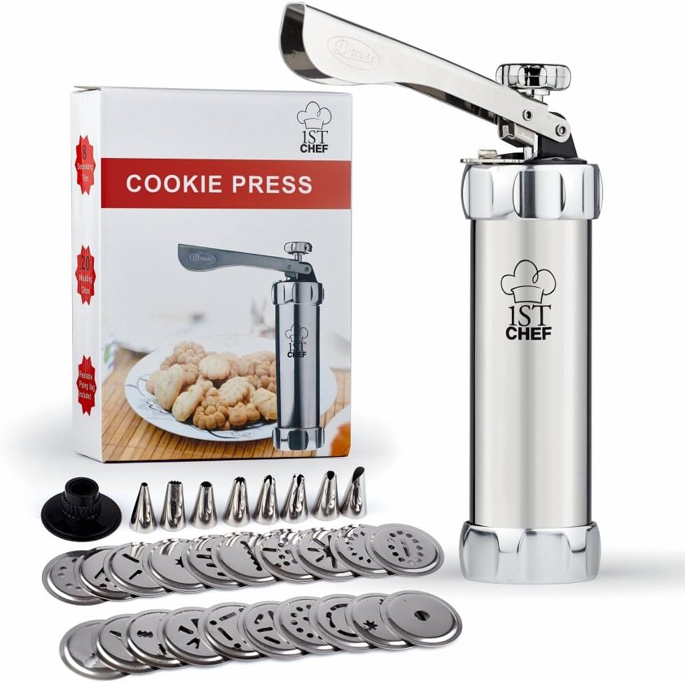 Stainless Steel Cookie Press Kit - Professional Quality - 20 Stainless Steel Discs & 8 Steel Icing Tips - FREE Reusable Piping Bag & Recipes E-Book - 1st Chef's All-In-1 Cookie Dough Gun