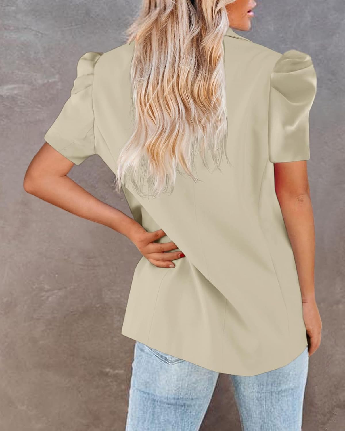 Newffr Womens Summer Blazers Casual Short Puff Sleeve Open Front Office Blazers Bussiness Jackets Work Suit Khaki - Image 3