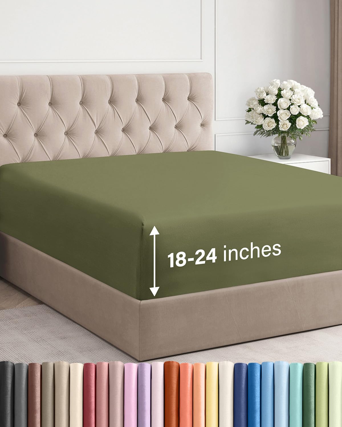 extra deep cal king fitted sheet - hotel luxury single fitted sheet only - easily fits 18 inch to 24 inch mattress - ultra soft, wrinkle free with extra deep pockets - breathable & comfy - sage green
