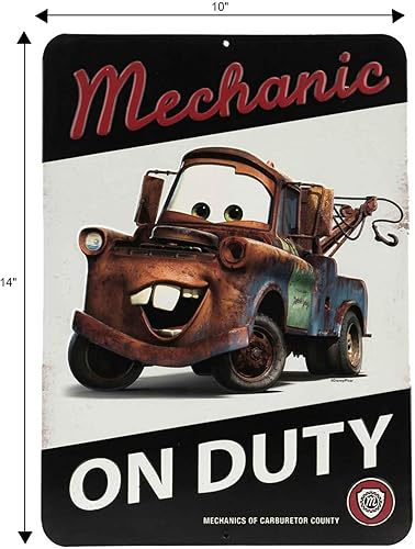 Miniatura 7 de Disney Pixar Cars Tow Mater Mechanic On Duty - Letrero de metal en relieve, vintage para dormitorio o garaje