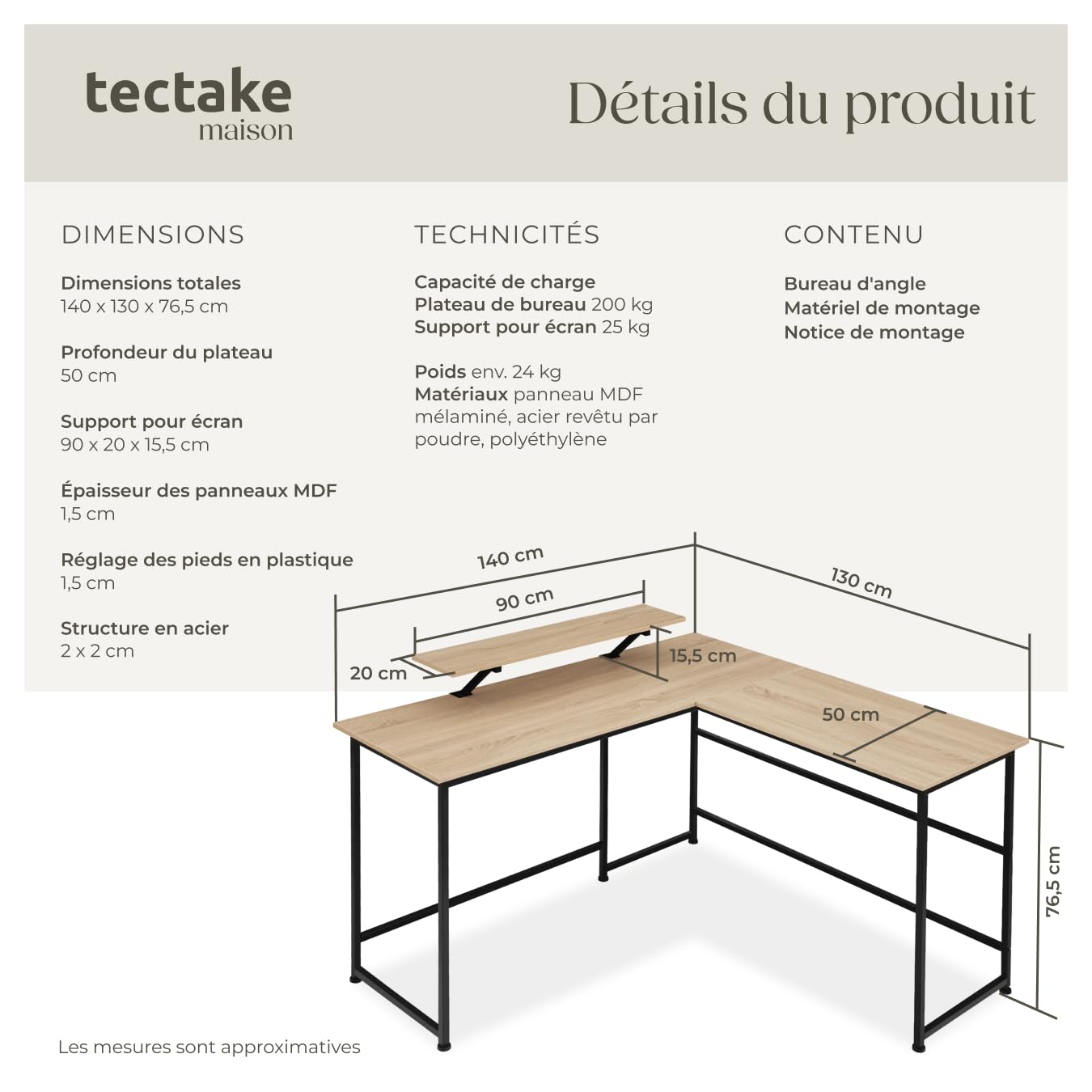 tectake® Bureau d'angle 140 x 130 x 76,5 cm, Support écran Coulissant, Table de Bureau Style Industriel Bureaux Ordinateur Meuble pc Meuble Ordinateur Table de Travail Teletravail Gaming, Bois Clair