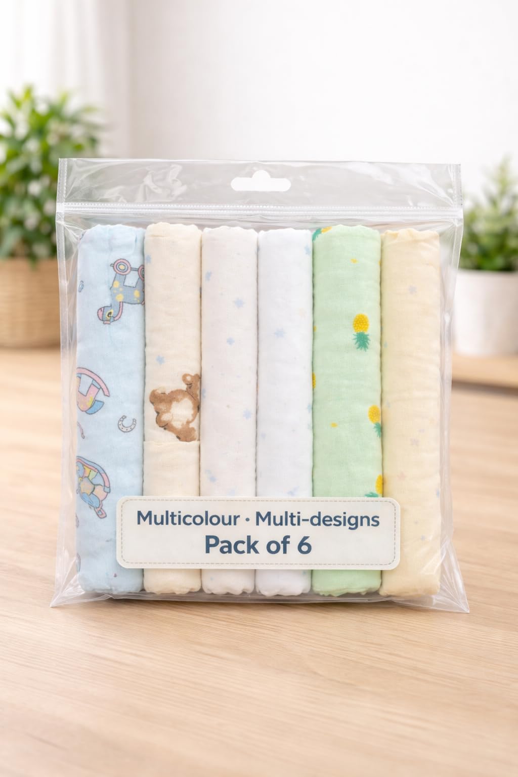 KIDS BASIC Soft Cotton Muslin Hankies for Babies Multicolour & Prints Daily Use Face Cloth - (Pack of 6)-image-34