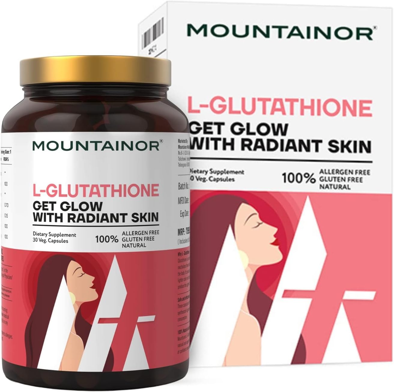MOUNTAINOR L- Glutathione for Skin Whitening 1000mg With Grapeseed, Vit C,E, Hyaluronic Acid, Biotin Helps Reducing Melanin, Clear, Glowing Skin. Natural 30 Veg caps