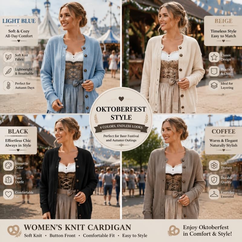 Générique Gilet Court Boutonné pour Femme en Maille Douce Et Légère Manches Longues Col Rond Style Décontracté. Idéal pour L'Oktoberfest Le Bureau Et Le Quotidien en Automne Et en Hiver.