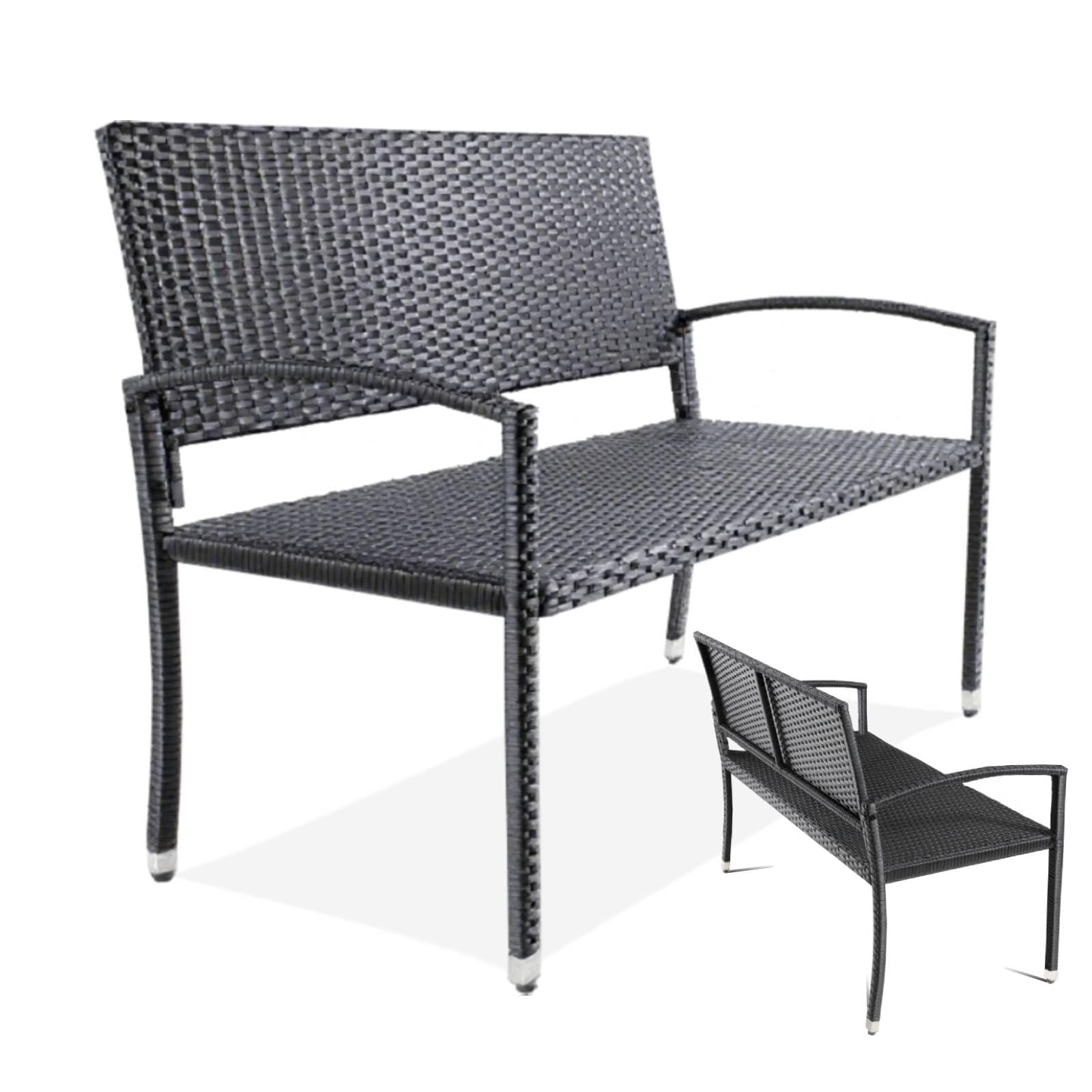 Clevich Rattan Garden Bench, 2 Seater Wicker Patio Bench with Curved Backrest Armrests, Adjustable Feet, Weatherproof PE, 320kg Capacity for Indoor/Outdoor/Balcony/Terrace, Single-Sided Rattan, Black