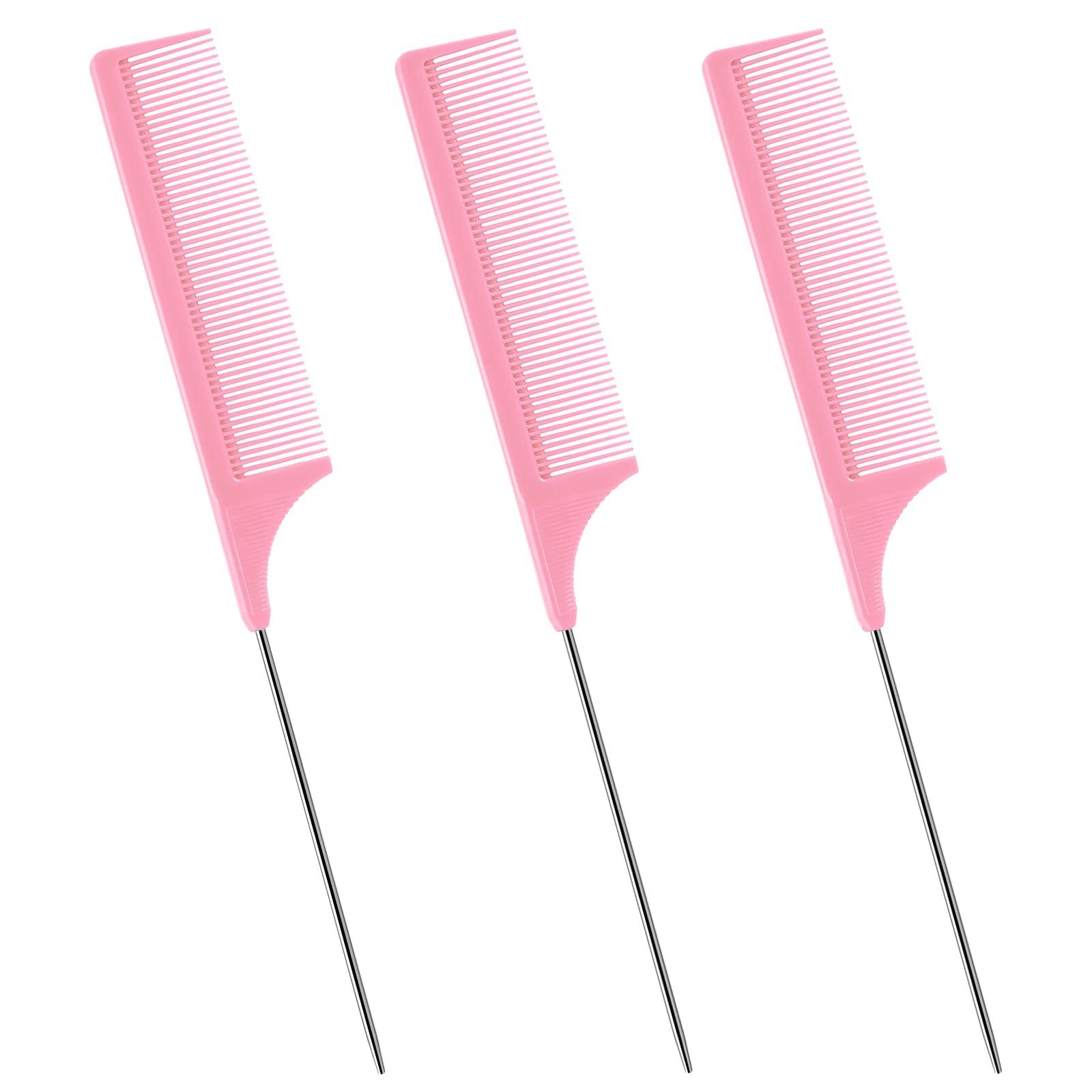 Rat Tail Comb Set for Women, 3Pcs Carbon Fiber Hair Combs for Salon, Hair Styling, Parting, Back Combing, Post Styling and Hair Coloring, Lightweight and Durable, Pink