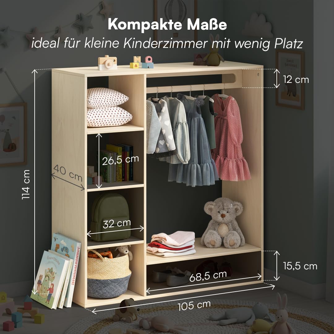 Bellabino Tea Kindergarderobe – Kleiderständer mit 6 Ablageflächen & 1 Kleiderstange in Natur – Montessori Kleiderschrank aus Birkenholz unbehandelt – Garderobe für Kinder – Kinderregal 114x40x105 cm