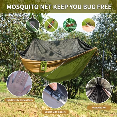 Image of Camping Hammock with Net,Portable Lightweight Double Hammocks with Tree Straps and Solid D-Shape Carabiners,Parachute Nylon Hammock for Backpacking Beach Backyard Patio Hiking Green&Khaki