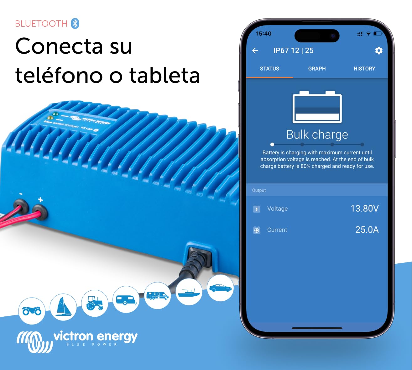 Victron Energy Blue Smart IP67 12-Voltios 25 amperios 230V Cargador de Batería Bluetooth + opción de inmovilizador (CEE 7/7)