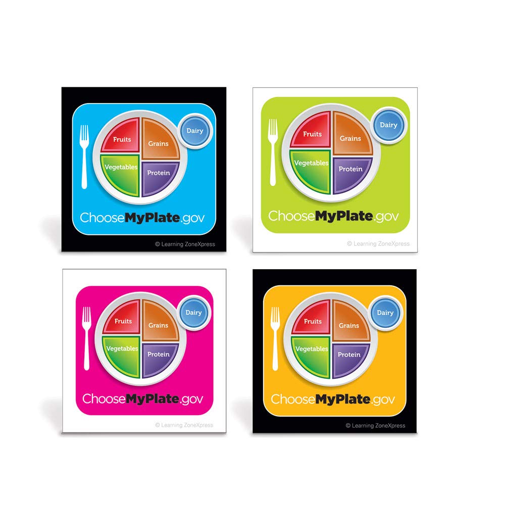 Learning ZoneXpress 200 Multicolor MyPlate Square Stickers, 2" x 2", 4 Designs, Single Use, Indoor, Minimalist Style, USDA MyPlate Educational Incentives