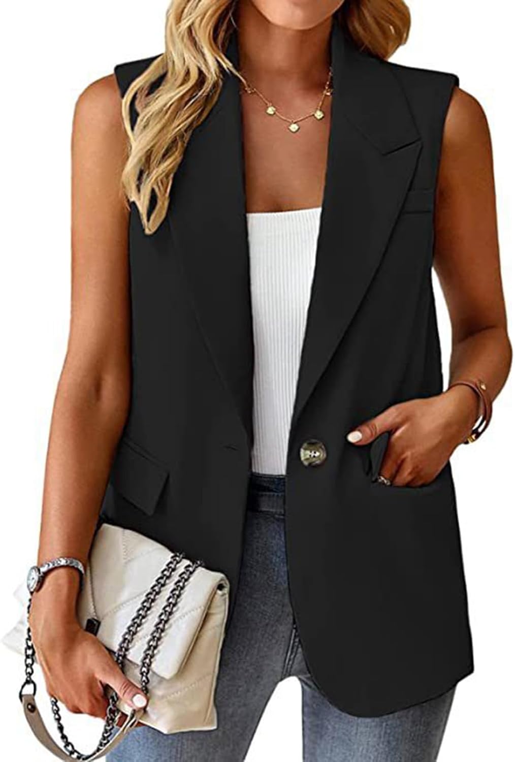 MINTLIMIT Women's Sleeveless Blazer Vest Casual Button Front Lightweight Jacket Summer Work Office Blazers with Pcokets