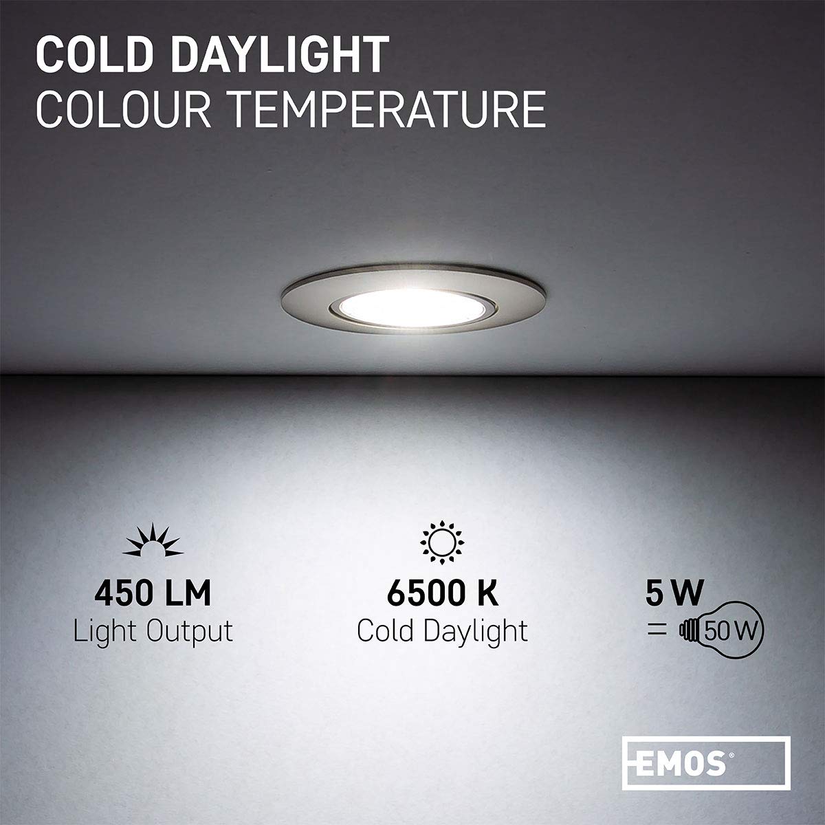 EMOS Spot LED Encastrable 230V, 5W / 450lm, 50° Orientable, Plafonnier LED encastré, blanc froid 6500K, Lot de 12 Spots de plafond pour l'intérieur, extra plat, ronde, Couleur argent brossé
