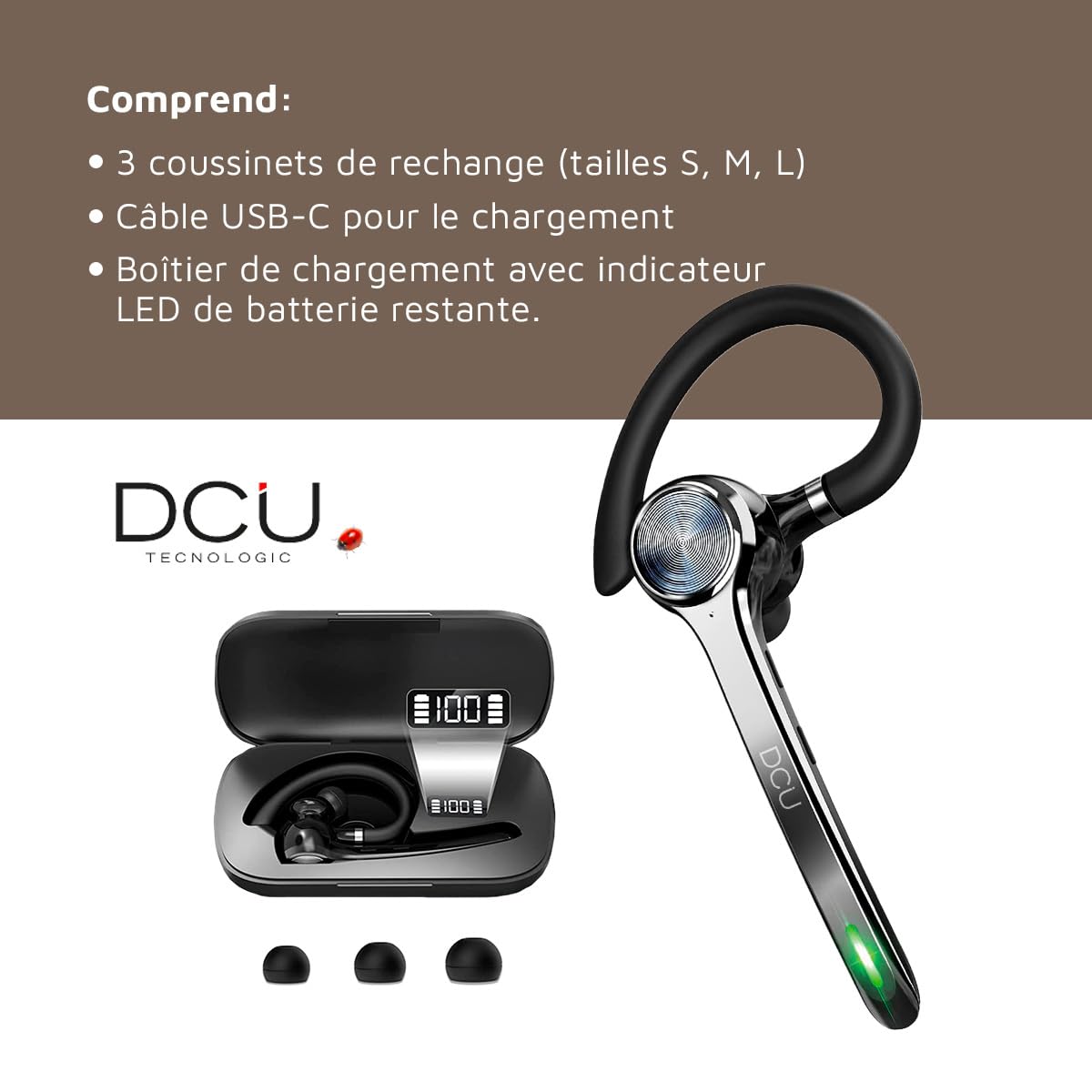 DCU TECNOLOGIC - Casque Mono Bluetooth 5.0 Action Pro - Casque sans Fil - Passer et recevoir des appels - Connectivité à Double Point