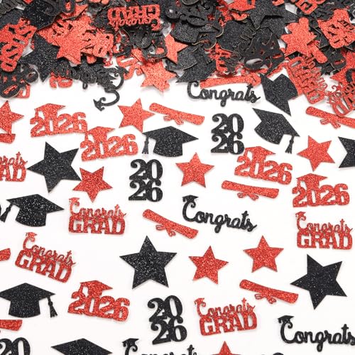Congrats Grad Confetti 2026, 200 Pcs Black and Red Glitter Class of 2026 Party Table Scatters Graduation Decorations for Graduation Party Supplies