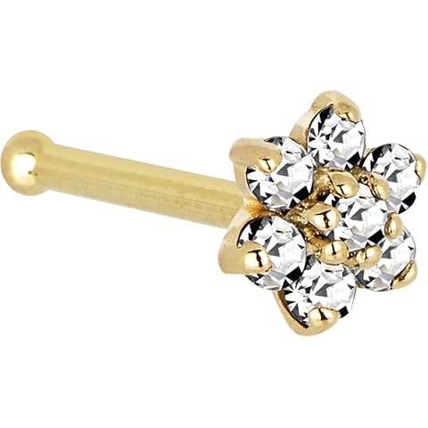 Solid 14K Gold Nose Ring - 20G 18G Flower CZ Nose Stud - Handmade in USA Hypoallerg...