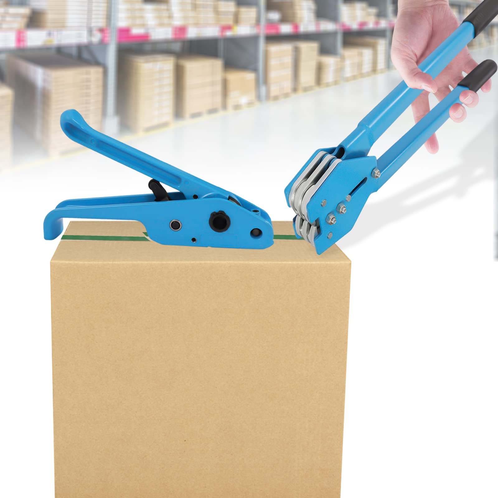 Set di reggette manuali, 1000 N, set di reggiette, set rotante, manuale, con nastro di imballaggio per nastri in plastica PET, blu