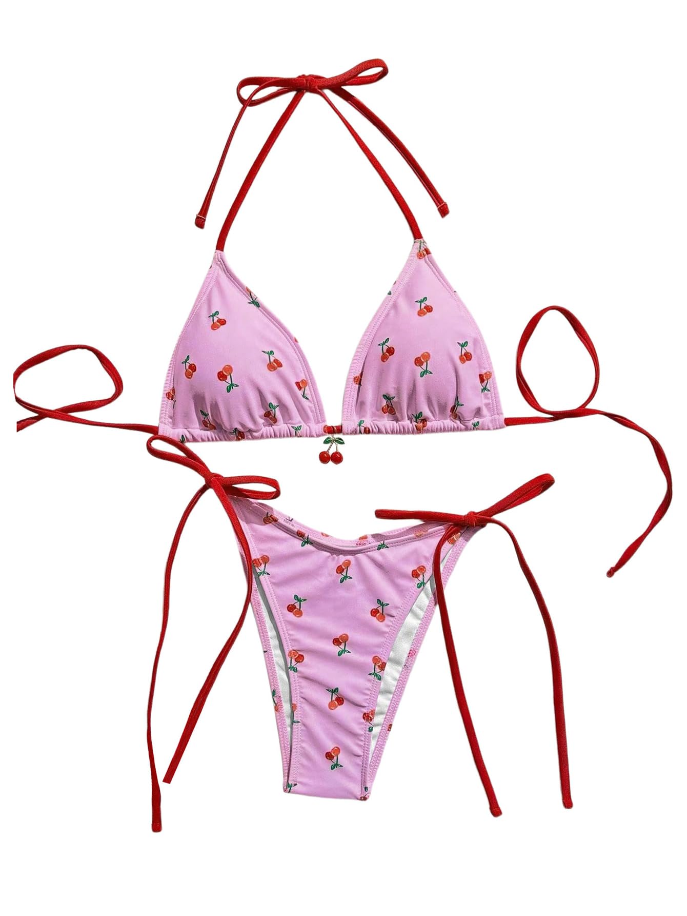 Trajes cordón lateral estilo bikini triangular rosa con estampado de cerezas 8