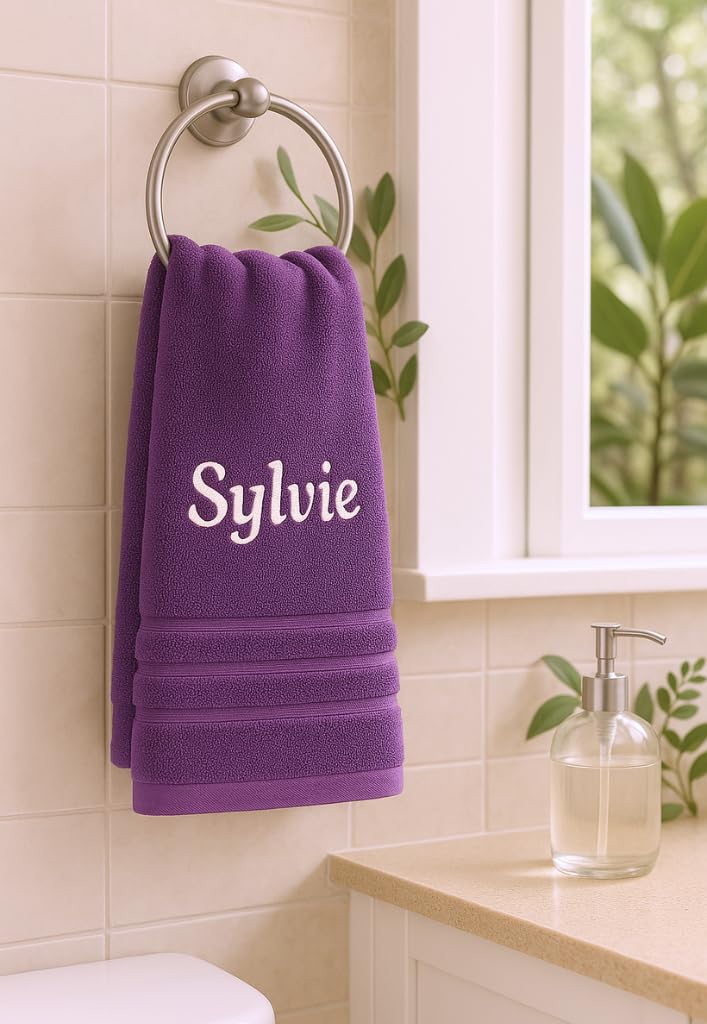 Pet-Jos Serviettes de Bain et de Main Personnalisées avec Nom Brodé - Lot de 3 (Violet, Coton, 70x140 cm + 50x100 cm, Home/Bath)