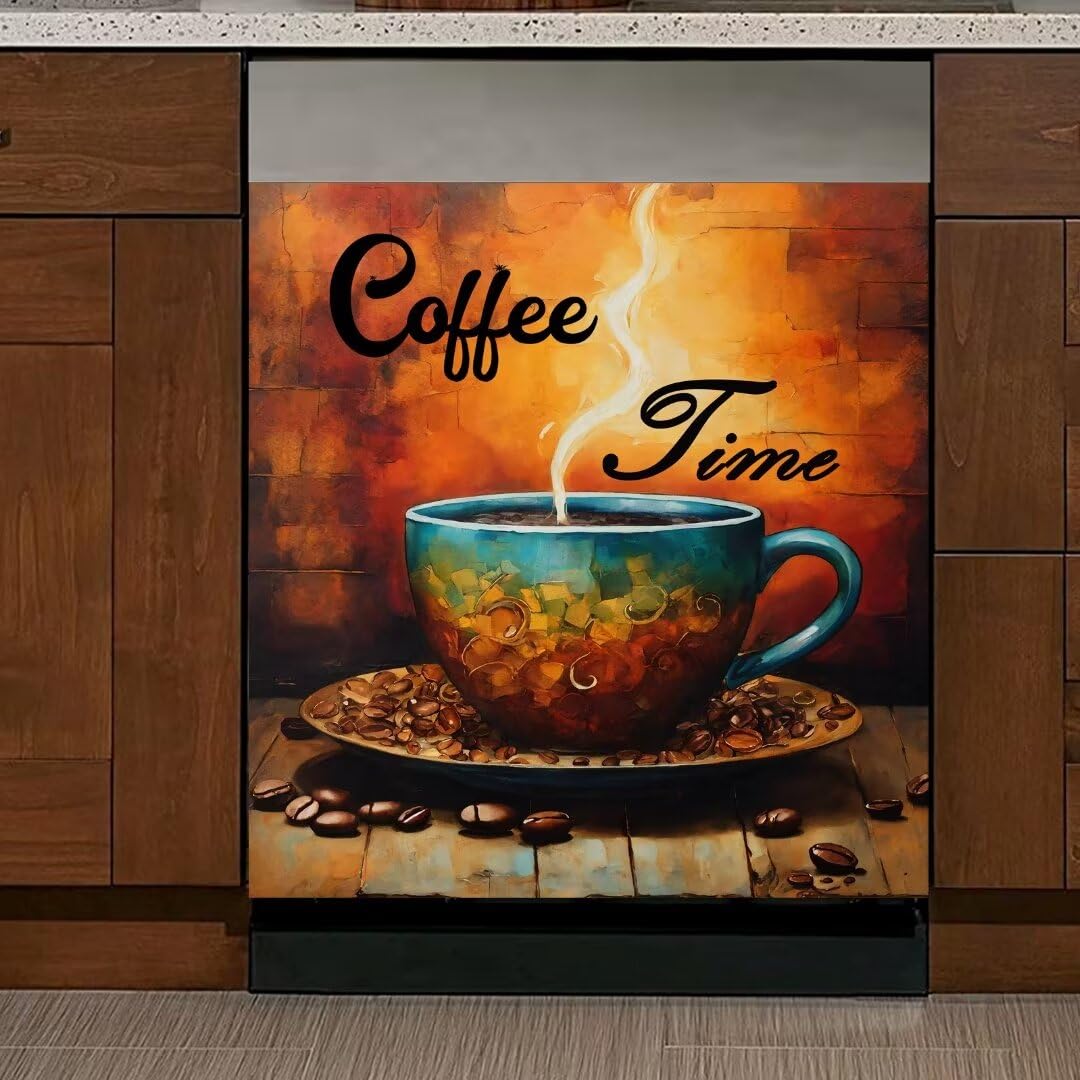 Generic Coffee Time Magnetic Decal,Retro Coffee Bean Dishwasher Cover Magnet Decorative,Dishwasher Decal for Front Door,Fridge Magnet Decor,Home Appliances Cabinet Cover Sticker, 23""Wx26""H