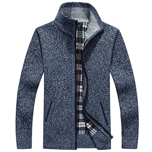 XinYang Men's Casual Slim Full Zip Thick Knitted Cardigan Sweaters with Pockets Dark Blue US XL/Asia 3XL