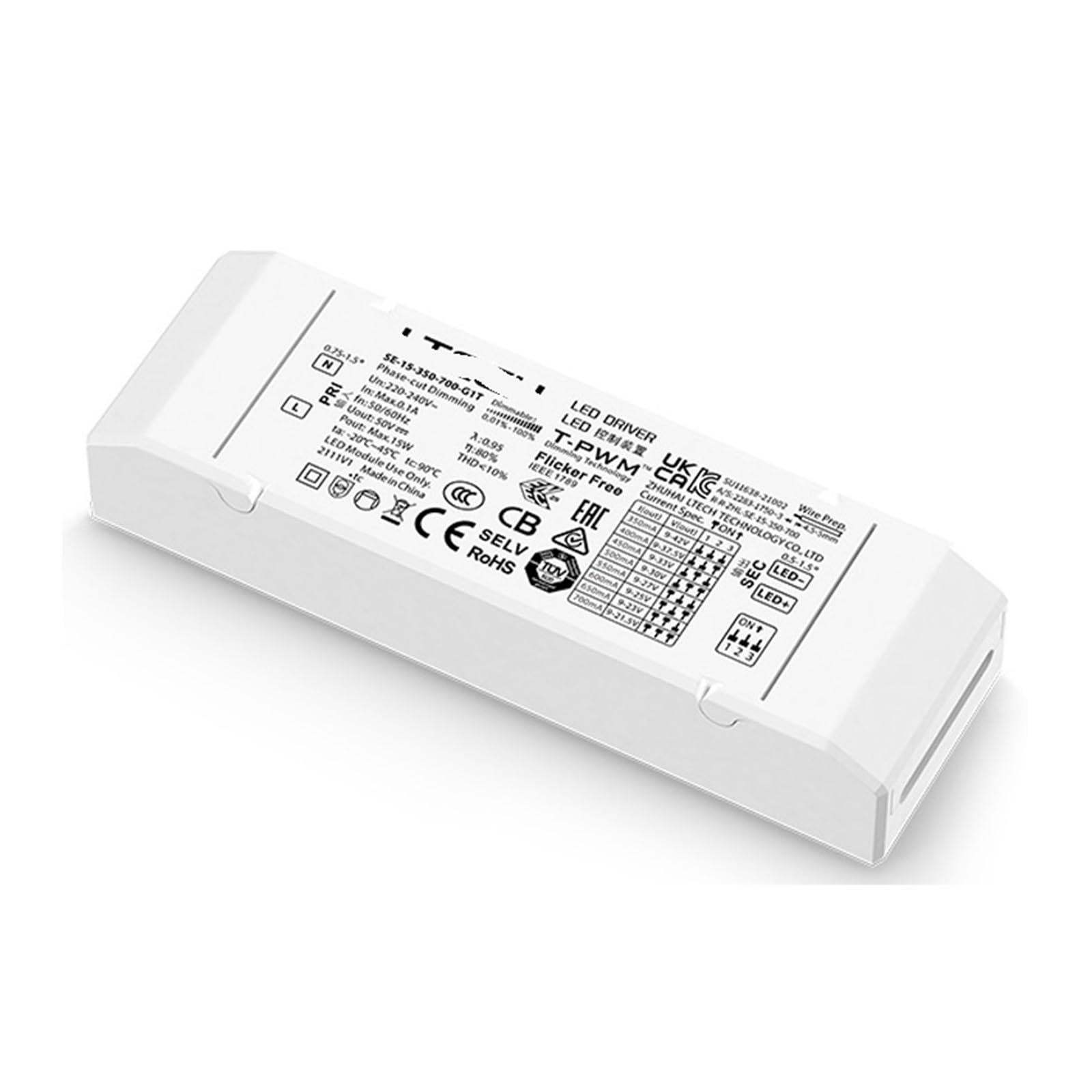 Driver dimmerabile a tiristori LED Ingresso 220V-240V 9W 12W 15W 100mA 350mA 700mA Uscita CC Alimentatore dimmerabile a corrente costante(SE-15-350-700-G1T)