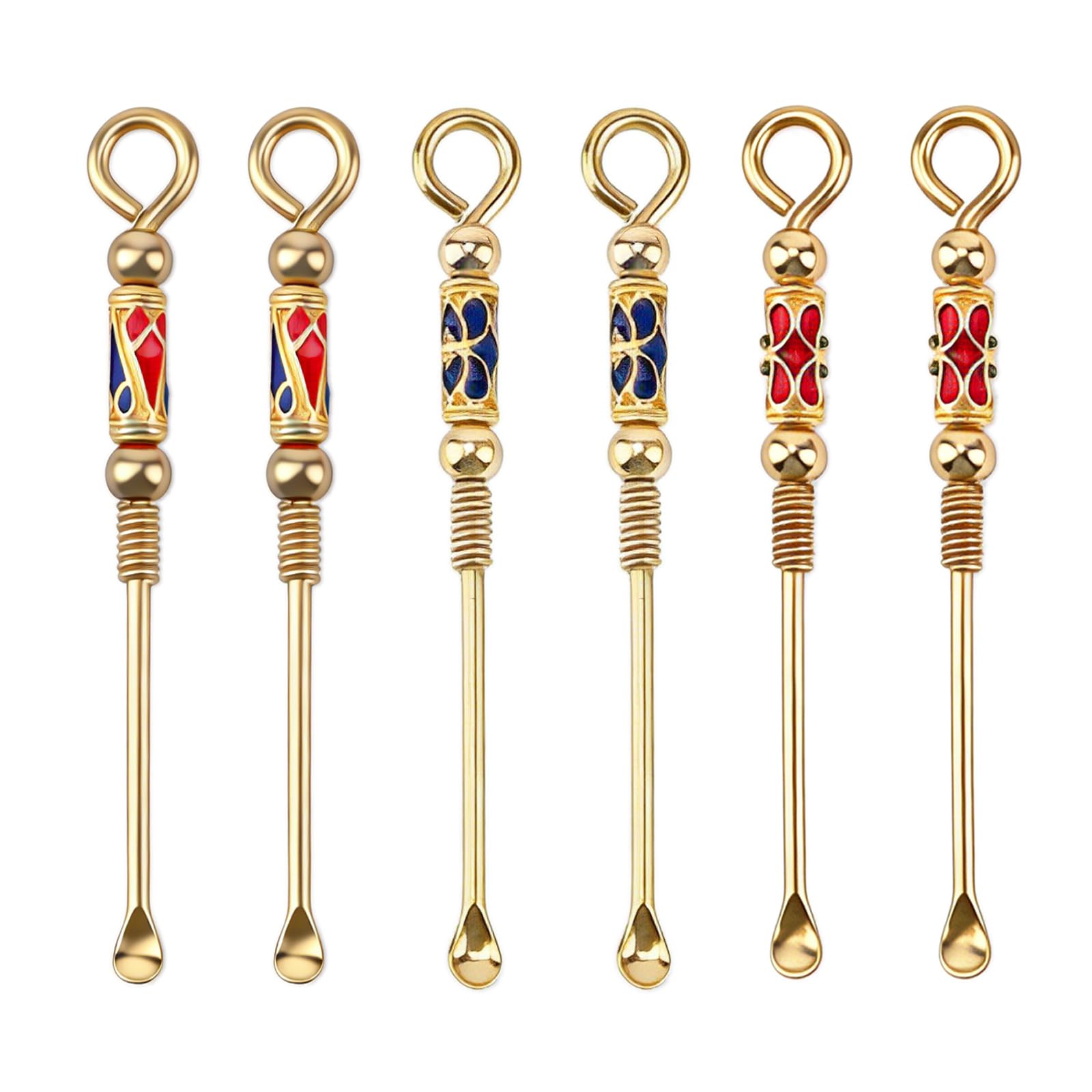 6 Pcs Portable Metal Tiny Spoon, Tiny Spoon Metal Shovel Charms for Powder & Spices, Retro Brass Enamel Ear Spoon, Necklace Loop Pendant Keychain for Kitchen DIY Crafts ﻿