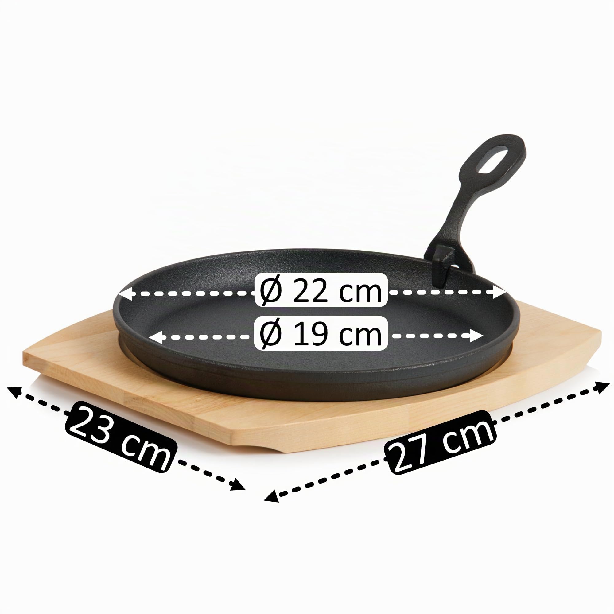BBQ-TORO Sartén Redonda de Hierro Fundido para Servir con Base de Madera | Ø 22 cm | Curada - pre-Seasoned | Sartén de Barbacoa con Mango Extraíble | Sartén de Hierro Fundido, Paellera