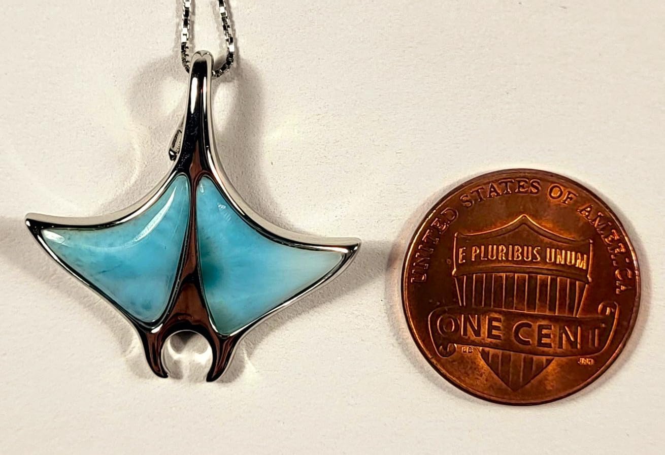 HQRP Hawaiian Larimar Manta Ray in Rhodium Plated Sterling Silver 925 Necklace Pendant w/ 18" Silver Box Chain Natural Pictolite Caribbean Atlantis Gemstone Stone Crystal Mineral + Gift Box