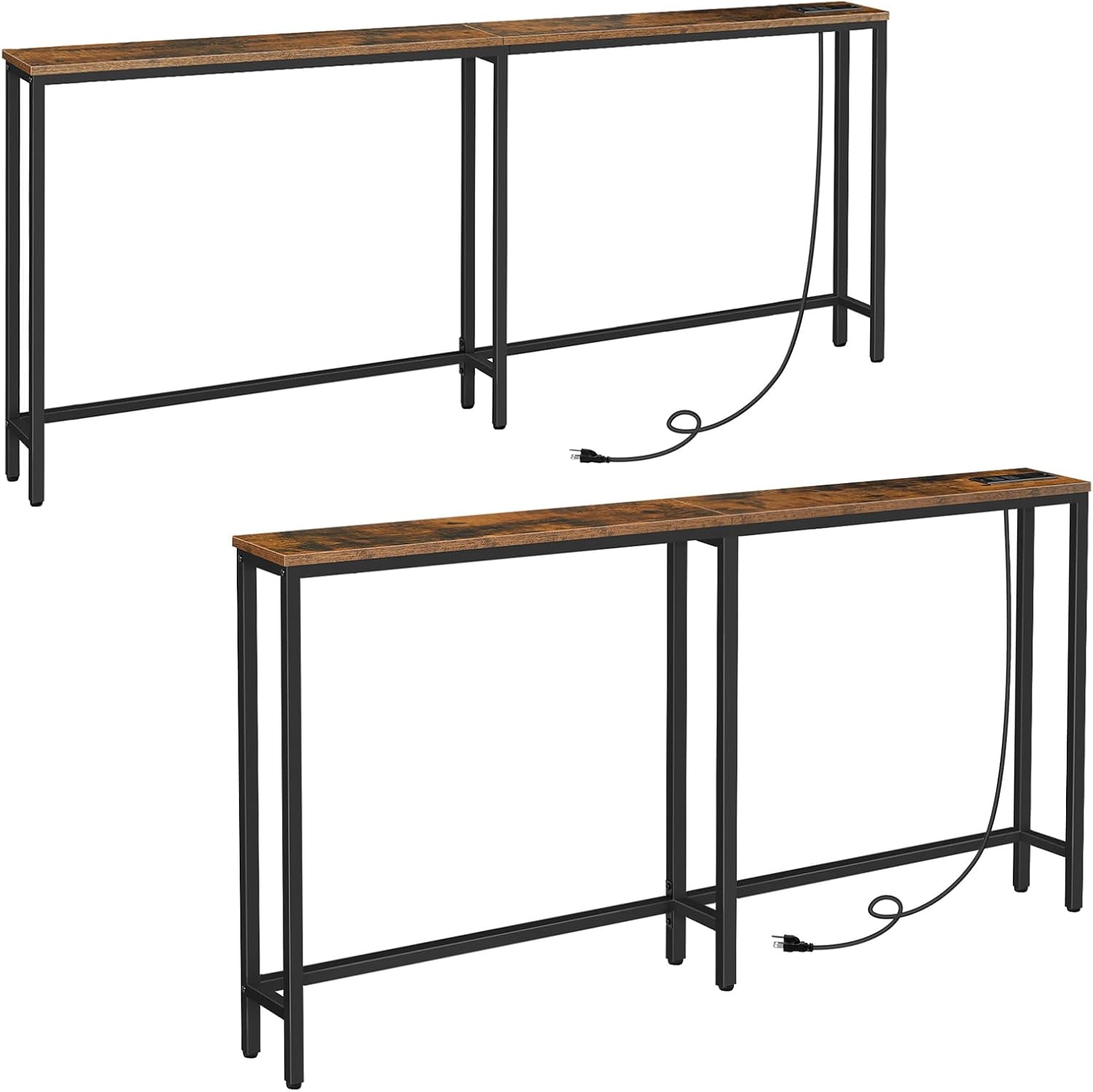 HOOBRO 5.9" Skinny Console Table with Charging Station, 78.7" and 63" Narrow Sofa Table, Long Behind Couch Table, Slim Entryway Table for Hallway, Living Room, Rustic Brown BF205UXG01-BF165UXG01