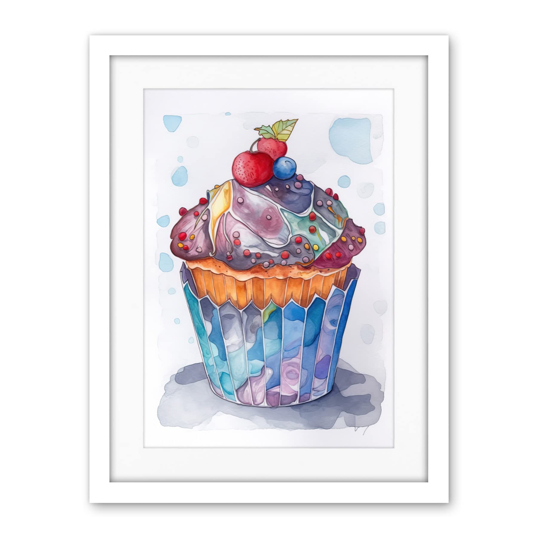 Artery8 Cupcake Icing With Fruit Folk Art Watercolour Painting Artwork Framed Wall Art Print 18X24 Inch