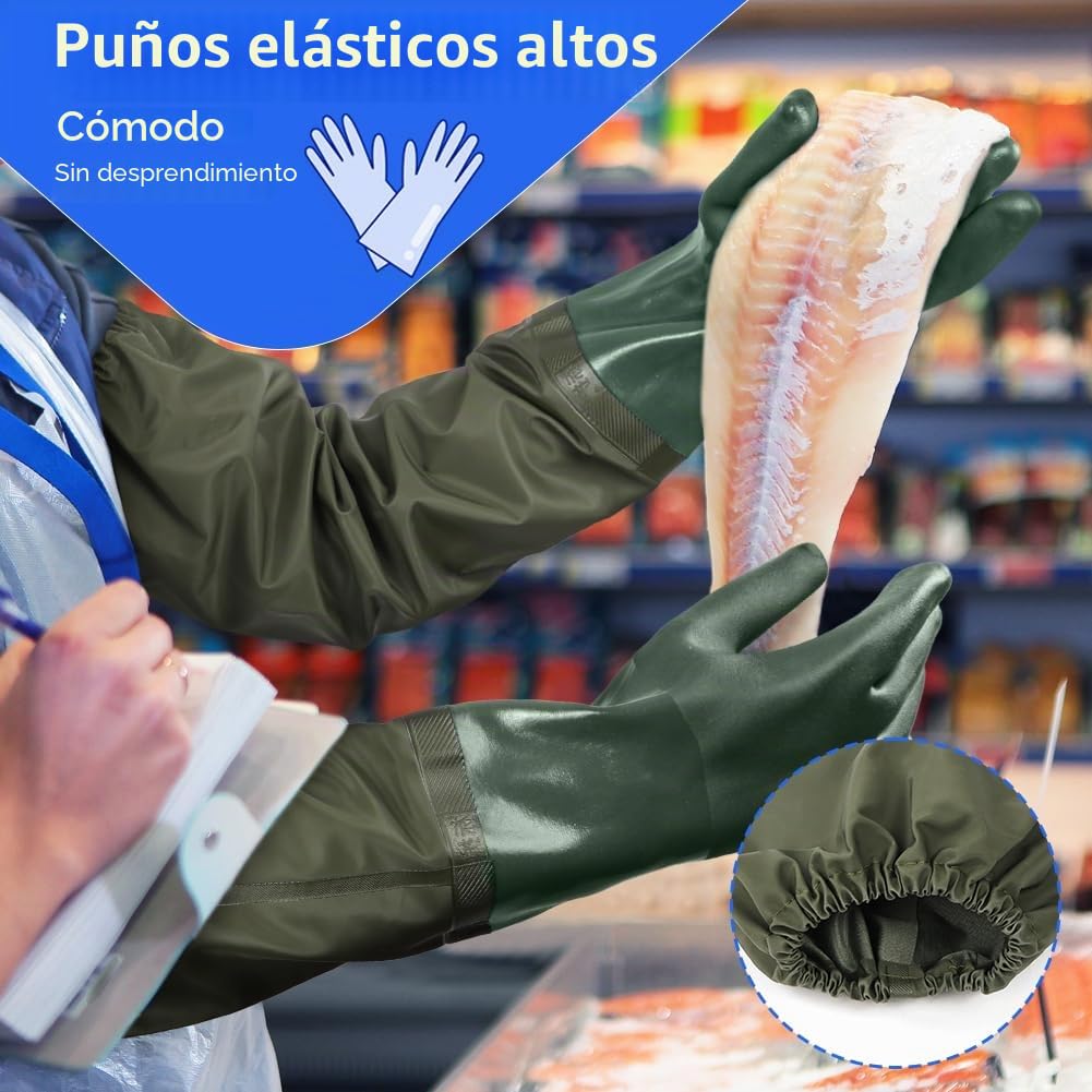70cm Guantes de Estanque, Impermeables Limpieza Guantes Trabajo con Longitud Hasta el Codo para Jardinería, Pesca, Acuarios y Maquinaria Industrial (Verde)