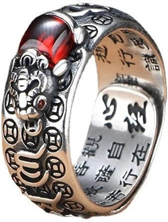 Anel Feng Shui PiXiu do Sutra do Coração Budista, prata 99
