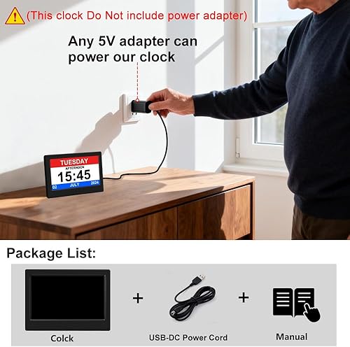 Miniatura 2 de Reloj despertador con día y fecha para ancianos, calendario digital de 7 pulgadas, marco de fotos, pantalla regulable automáticamente, 15 opciones