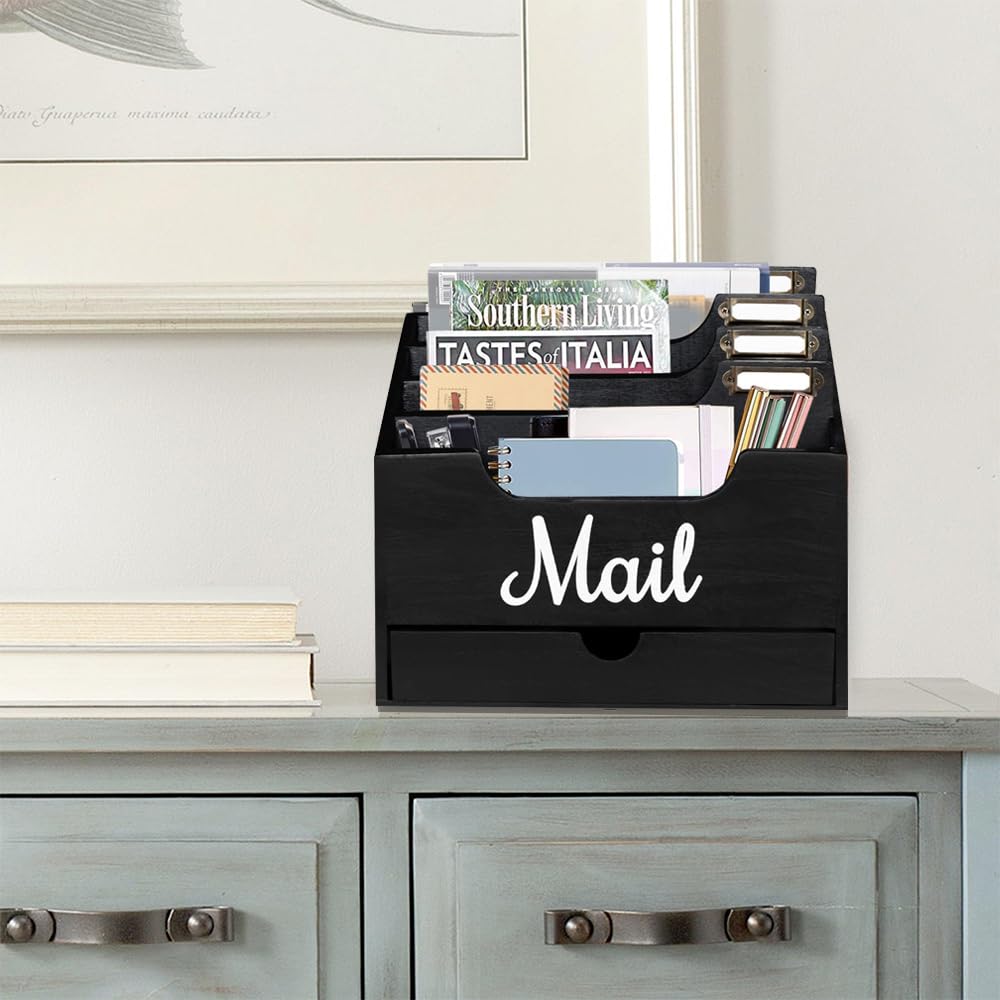 Organizzatore di Posta da Scrivania in Legno con 4 scomparti e cassetto, Organizzatore per Cartelle di Carta e Lettere, Organizer per Cartelle per Scrivania per Lettere Cancelleria, Nero