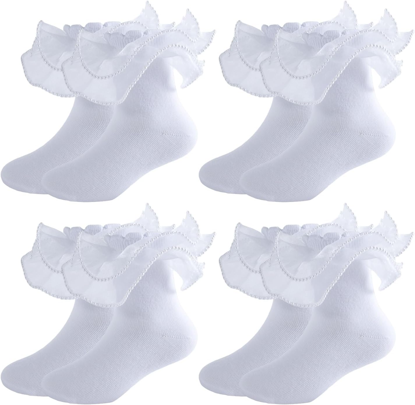 4 Pairs White Girls Ruffle Socks Toddler Cute Pearls Lace Frilly Dress Socks Church Fancy Sock for Little Kids Baby