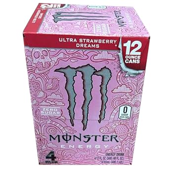 Monstar Energy Drink, 12 fl oz, 4 Pack Ultra Strawberry Dreams, Sugar Free